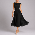Women's Pleated Midi Dress - Draped Neckline Elegant Fit
