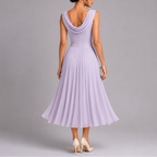 Women's Pleated Midi Dress - Draped Neckline Elegant Fit
