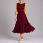 Women's Pleated Midi Dress - Draped Neckline Elegant Fit
