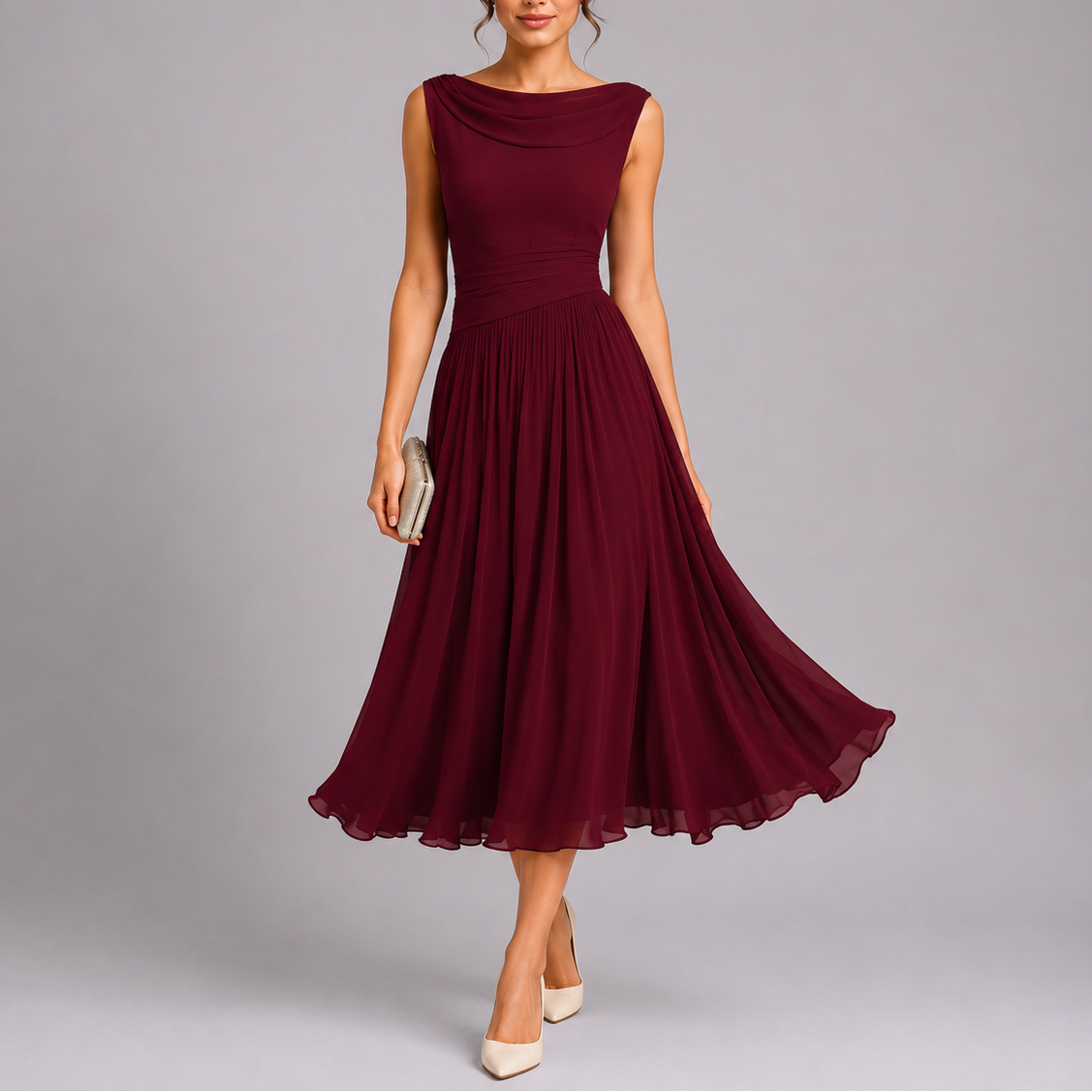 Women's Pleated Midi Dress - Draped Neckline Elegant Fit