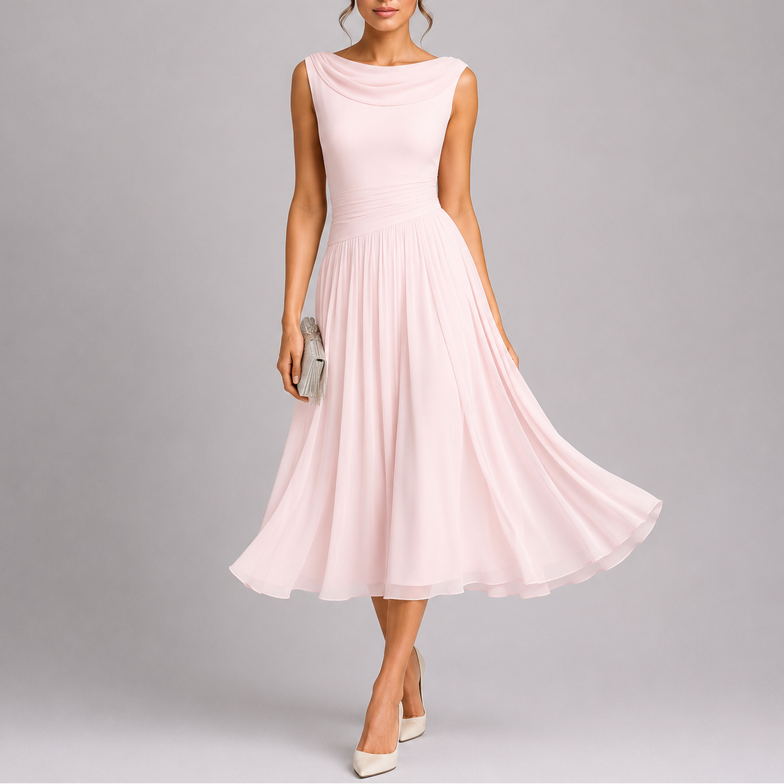 Women's Pleated Midi Dress - Draped Neckline Elegant Fit