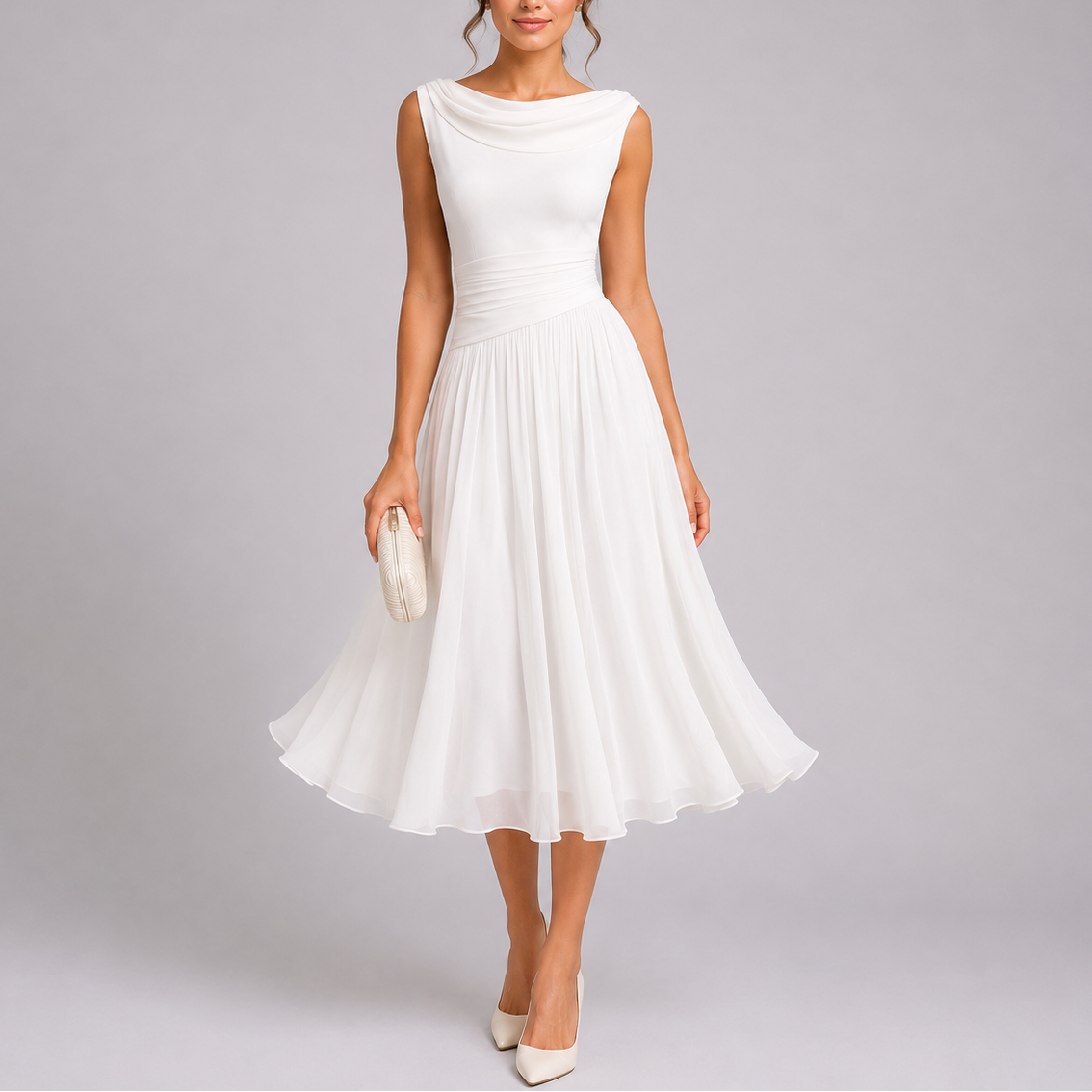 Women's Pleated Midi Dress - Draped Neckline Elegant Fit