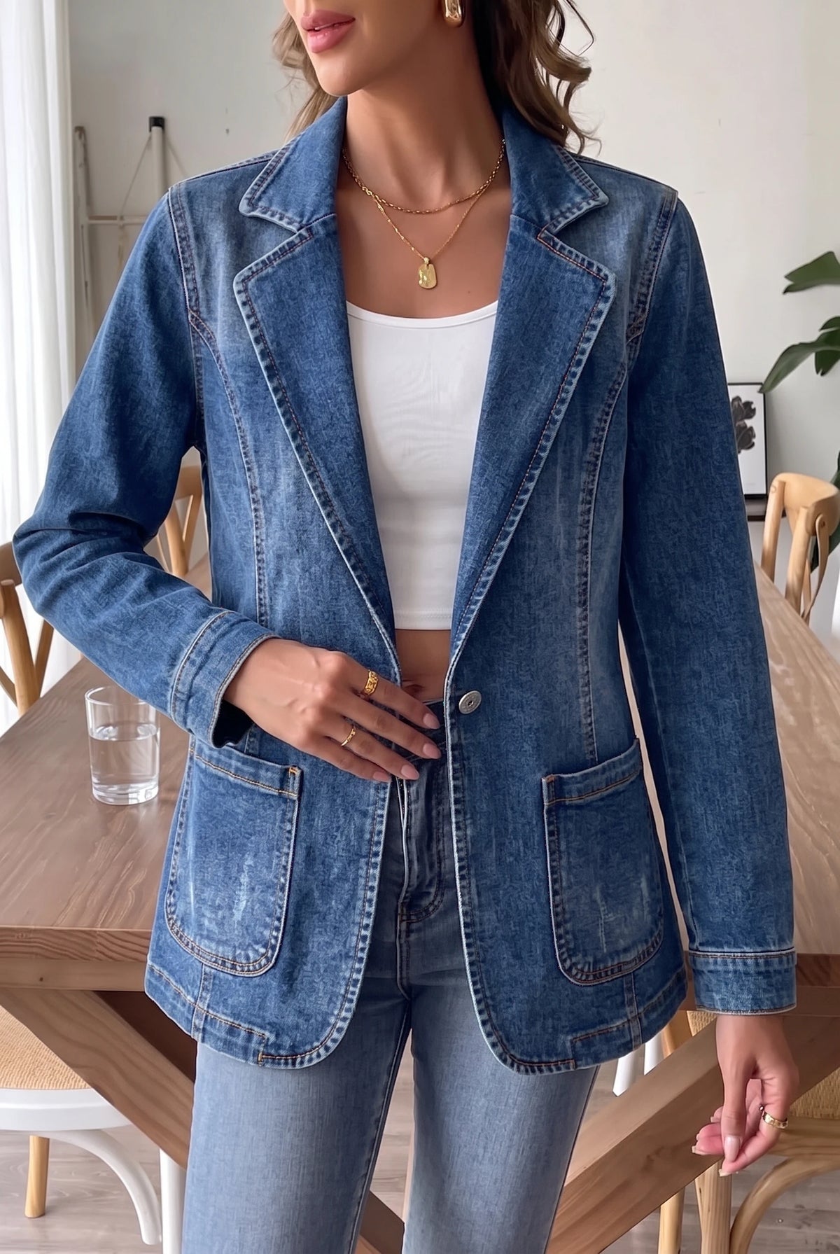 Women's Fitted Denim Blazer Jacket – Single Button