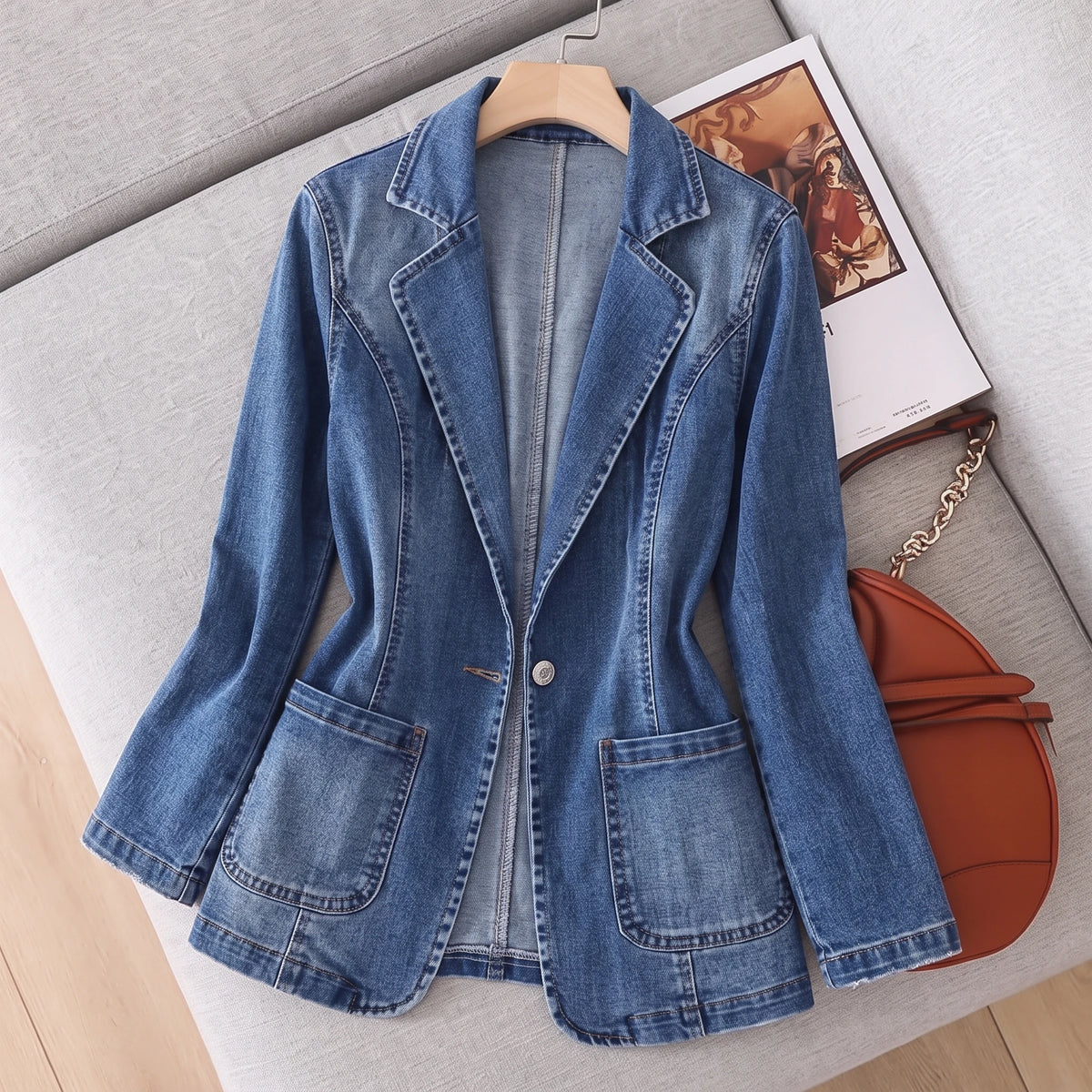 Women's Fitted Denim Blazer Jacket – Single Button
