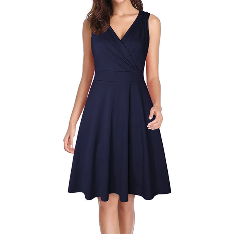 Women's Floral Midi Dress - V-Neck Sleeveless A-Line