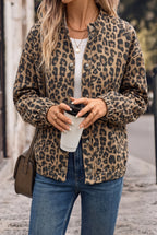Women's Leopard Print Bomber Jacket – Snap-Button Front