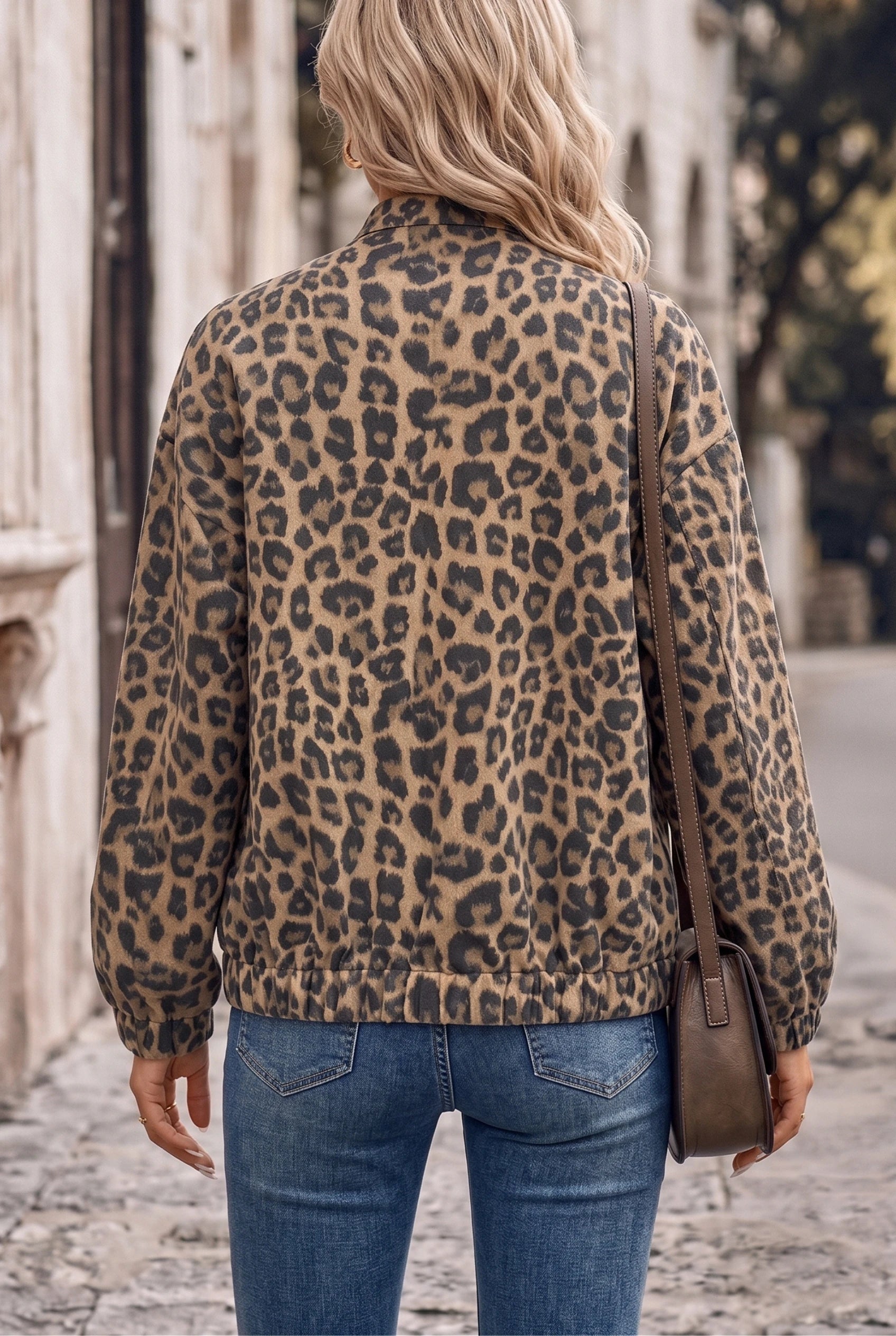 Women's Leopard Print Bomber Jacket – Snap-Button Front