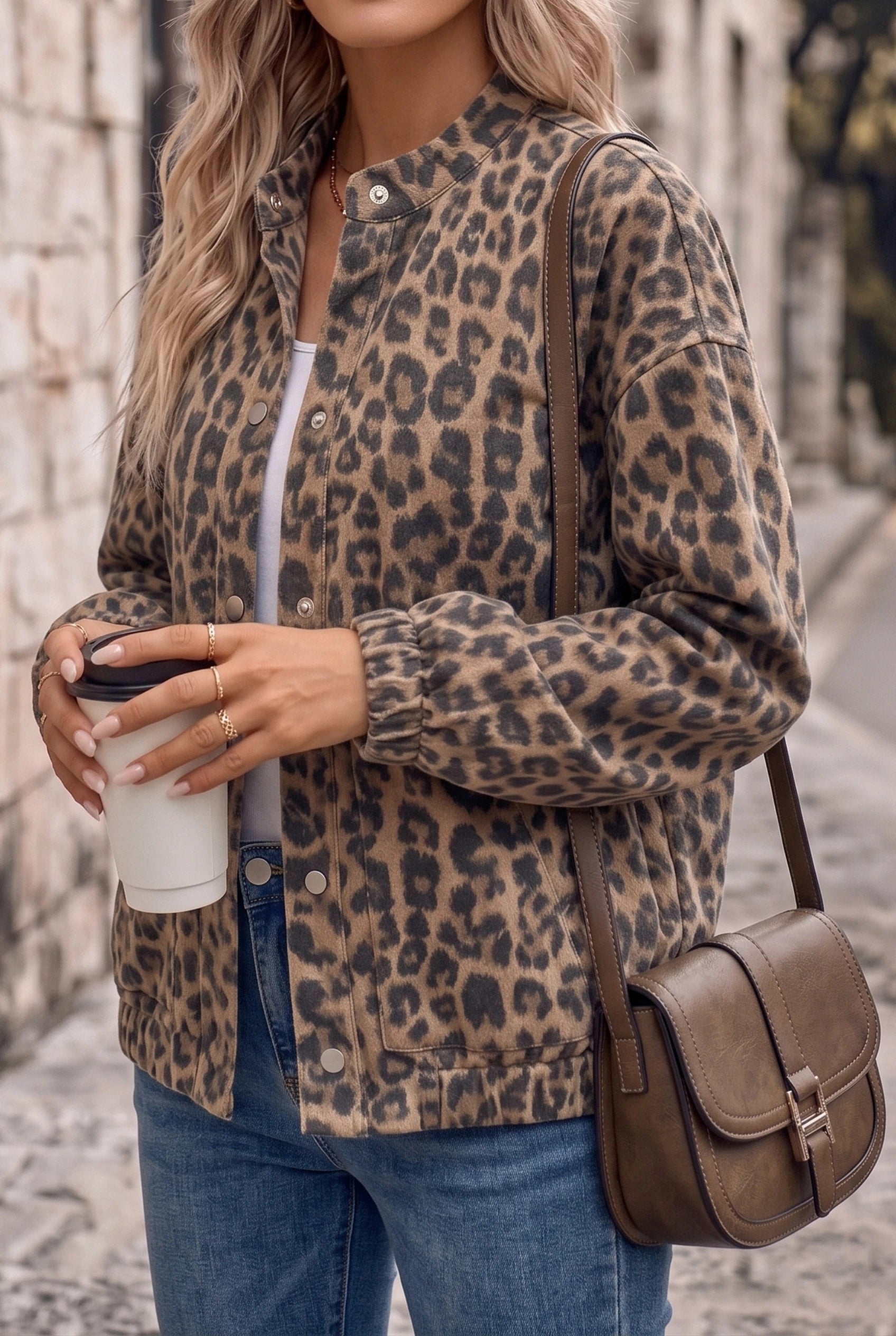 Women's Leopard Print Bomber Jacket – Snap-Button Front