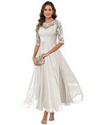 Women's Lace & Chiffon Evening Dress - 3/4 Sleeve A-Line