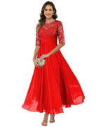 Women's Lace & Chiffon Evening Dress - 3/4 Sleeve A-Line