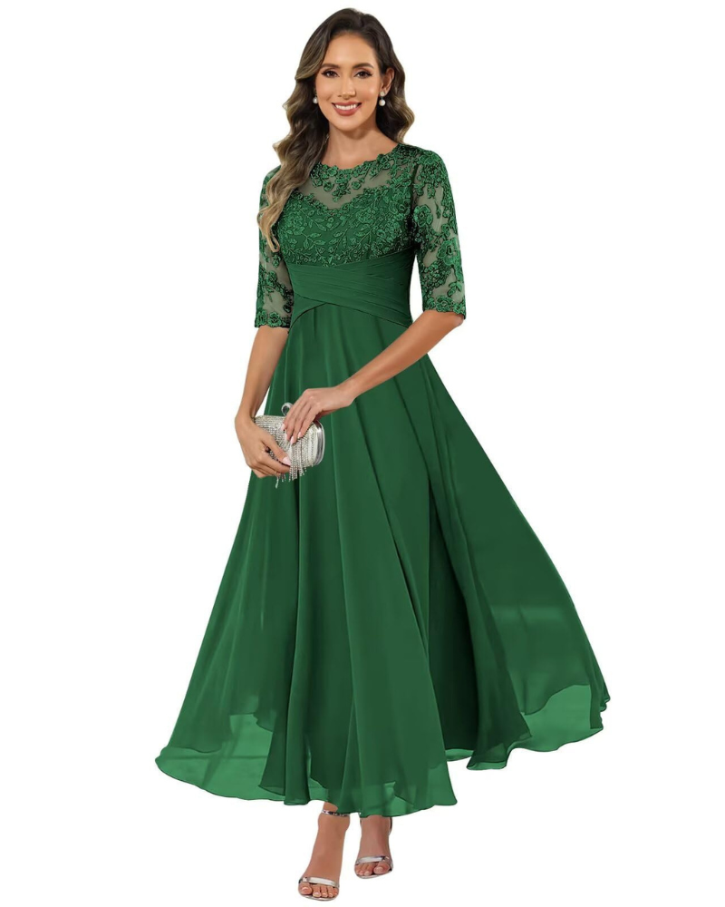 Women's Lace & Chiffon Evening Dress - 3/4 Sleeve A-Line