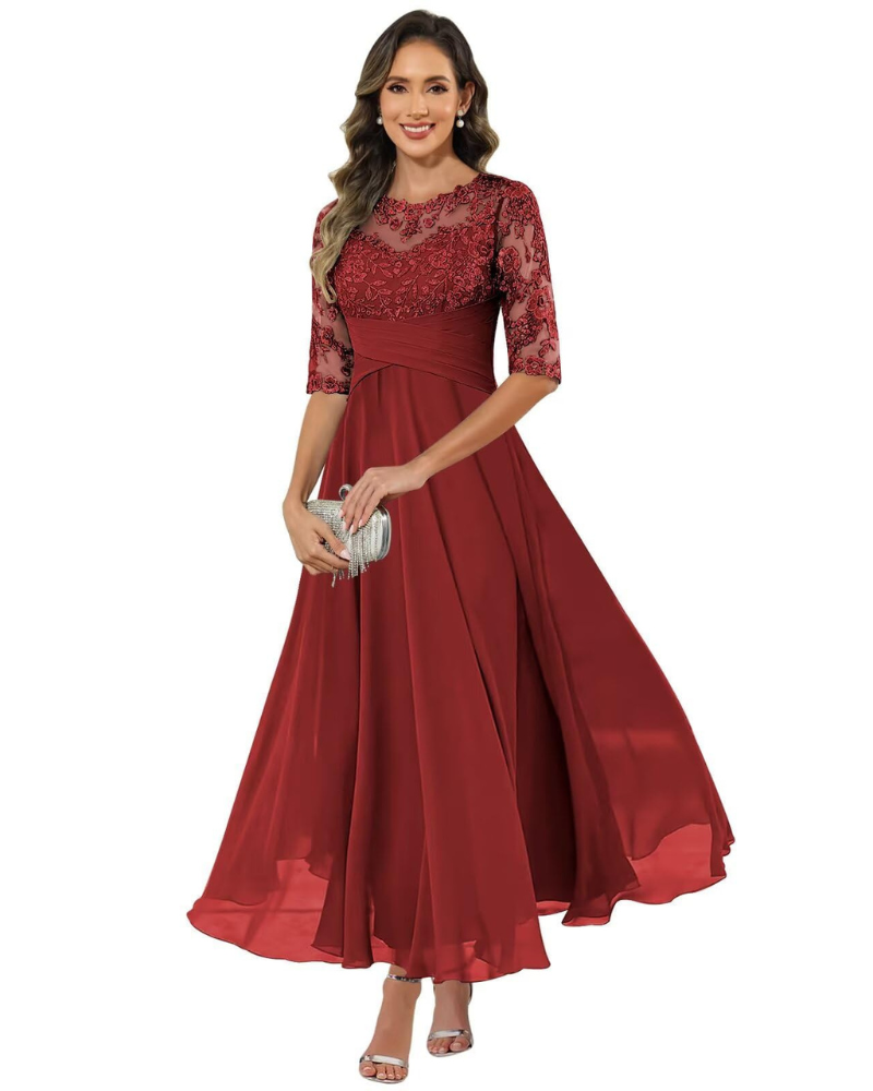 Women's Lace & Chiffon Evening Dress - 3/4 Sleeve A-Line