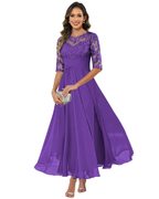 Women's Lace & Chiffon Evening Dress - 3/4 Sleeve A-Line