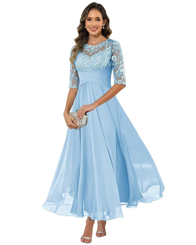 Women's Lace & Chiffon Evening Dress - 3/4 Sleeve A-Line