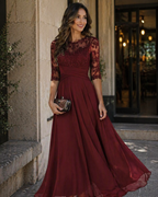 Women's Lace & Chiffon Evening Dress - 3/4 Sleeve A-Line