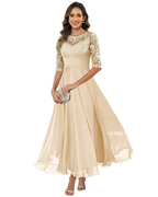 Women's Lace & Chiffon Evening Dress - 3/4 Sleeve A-Line