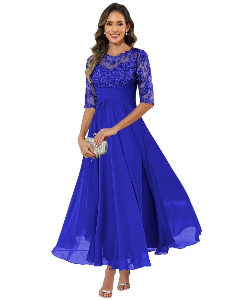 Women's Lace & Chiffon Evening Dress - 3/4 Sleeve A-Line