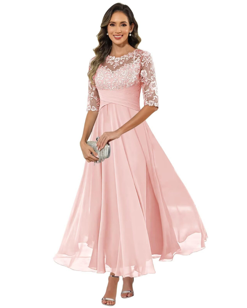 Women's Lace & Chiffon Evening Dress - 3/4 Sleeve A-Line