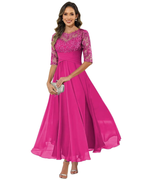 Women's Lace & Chiffon Evening Dress - 3/4 Sleeve A-Line