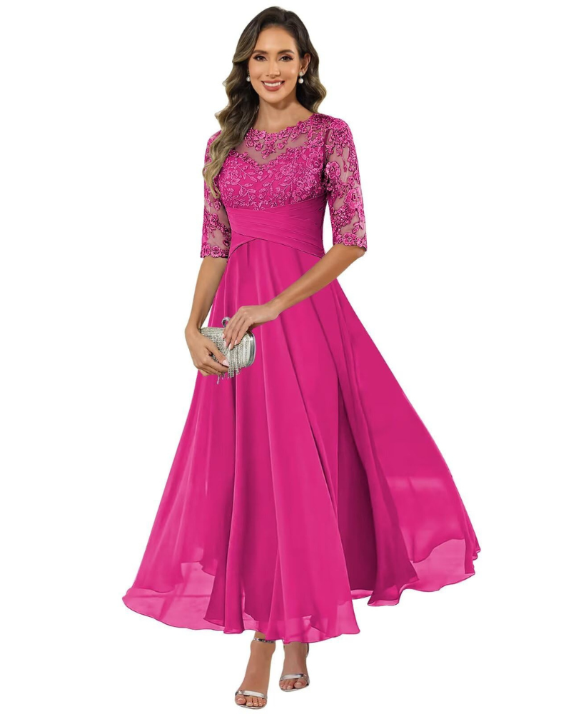 Women's Lace & Chiffon Evening Dress - 3/4 Sleeve A-Line