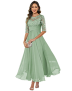 Women's Lace & Chiffon Evening Dress - 3/4 Sleeve A-Line