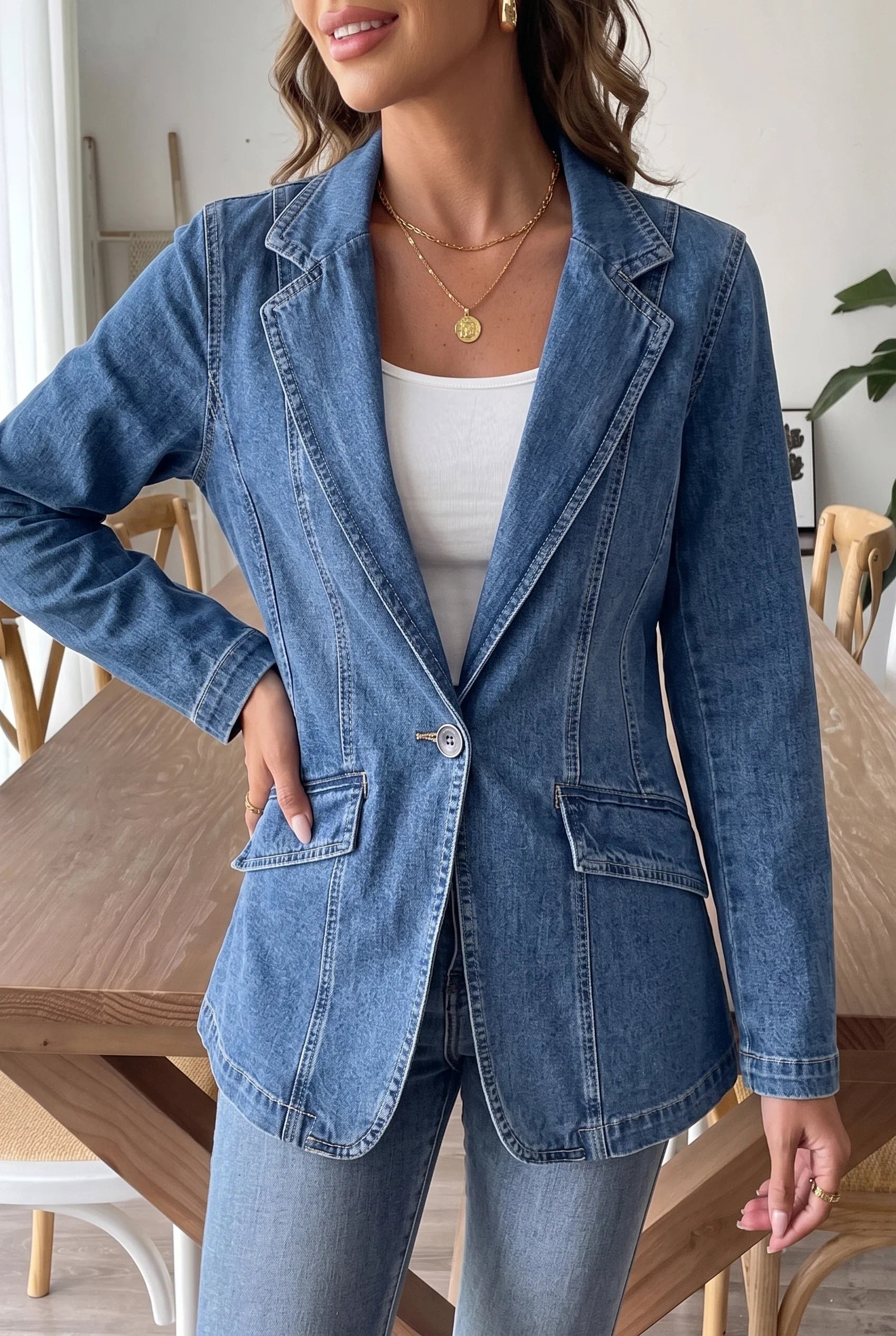 Women's Fitted Denim Blazer Jacket – Single Button