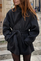 Women's High Neck Wool Coat – Belted Waist