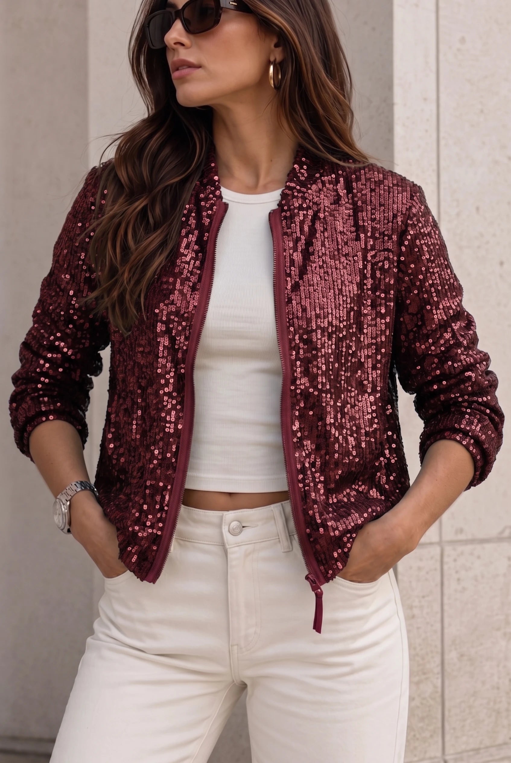 Women's Sequin Bomber Jacket – Zip Front