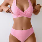 Striped Halter Bikini Set - Crossed Straps Elastic Fit