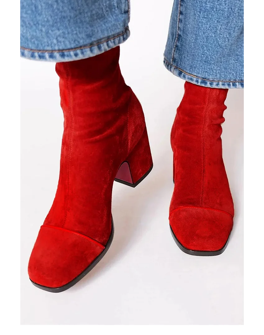 Women's Suede Boots - Square Toe Heeled