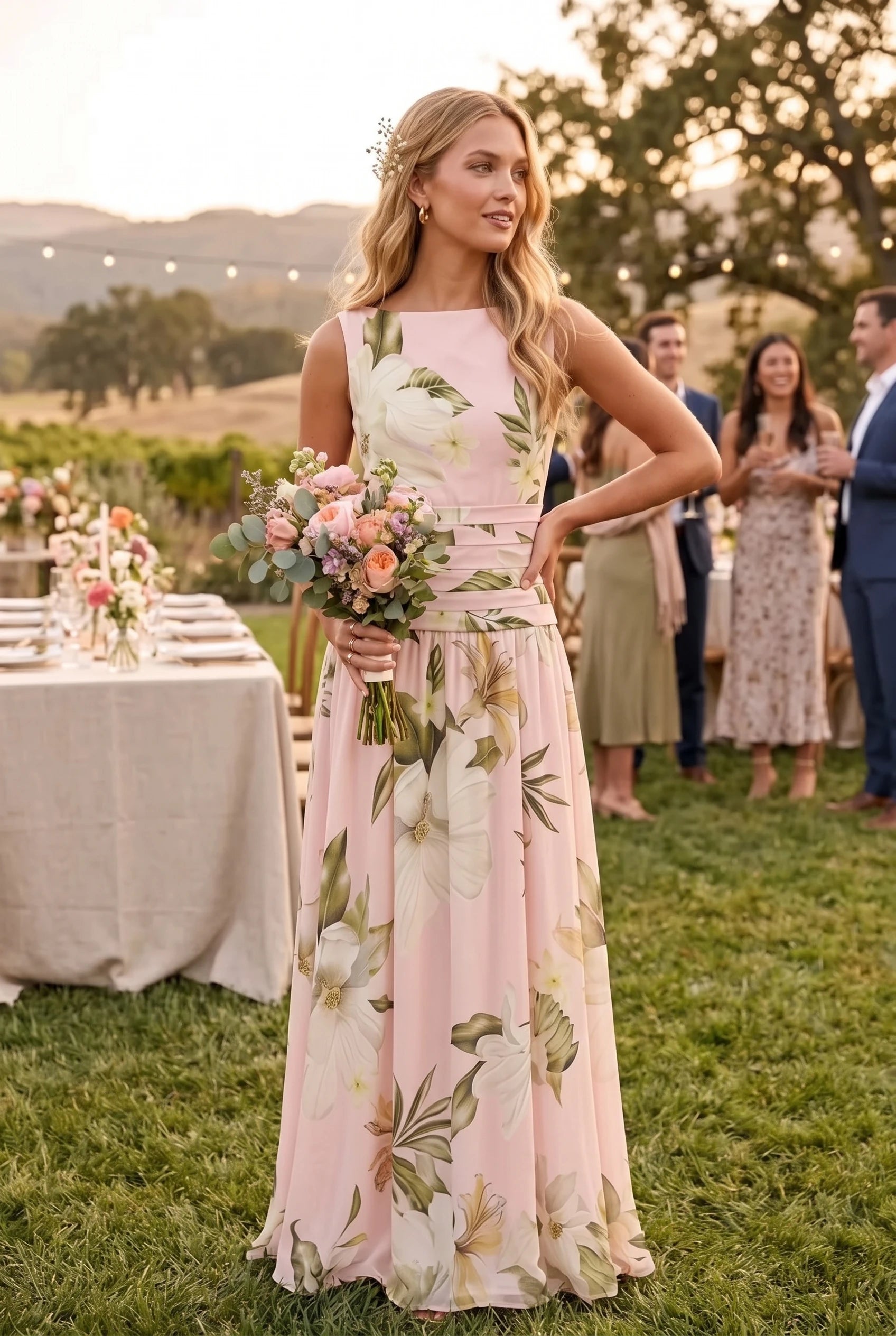 Women's Wedding Guest Maxi Dress – Boat Neck Print