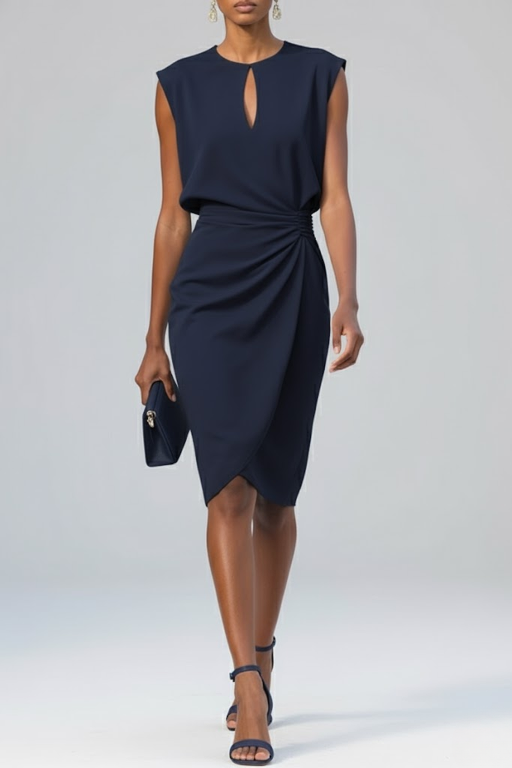 Midi Dress with Keyhole Neckline - Shirred Summer Silhouette