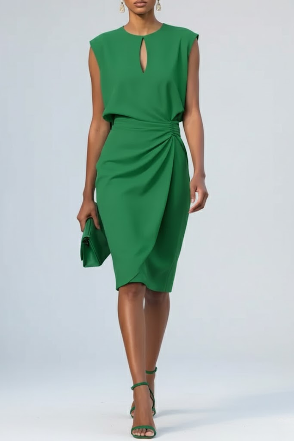Midi Dress with Keyhole Neckline - Shirred Summer Silhouette