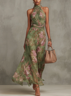 Women's Floral Halter Neck Maxi Dress