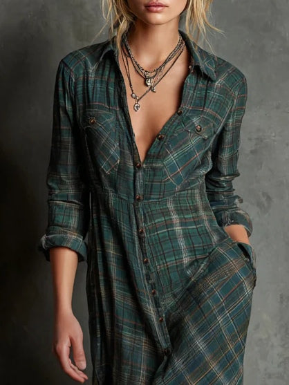 Women's Plaid Fall Maxi Dress – Lapel Collar