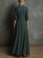 Women's Plaid Fall Maxi Dress – Lapel Collar