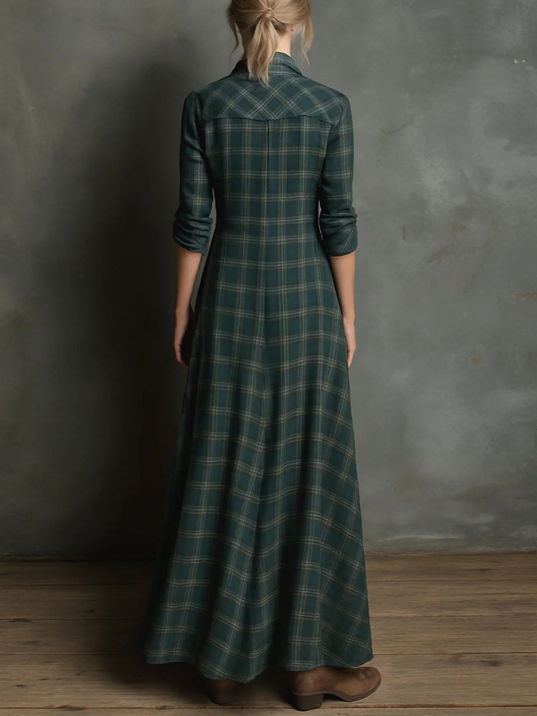 Women's Plaid Fall Maxi Dress – Lapel Collar