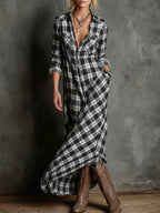 Women's Plaid Fall Maxi Dress – Lapel Collar