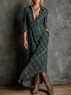 Women's Plaid Fall Maxi Dress – Lapel Collar