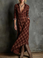 Women's Plaid Fall Maxi Dress – Lapel Collar