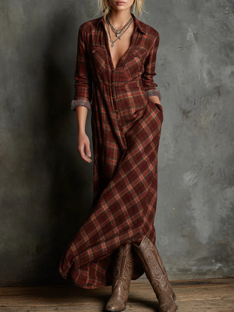 Women's Plaid Fall Maxi Dress – Lapel Collar