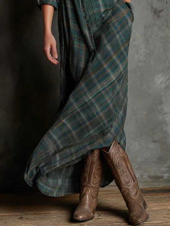 Women's Plaid Fall Maxi Dress – Lapel Collar