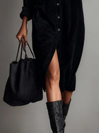Women's Corduroy Long Sleeve Midi Fall Dress – Chest Pockets
