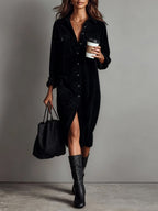 Women's Corduroy Long Sleeve Midi Fall Dress – Chest Pockets