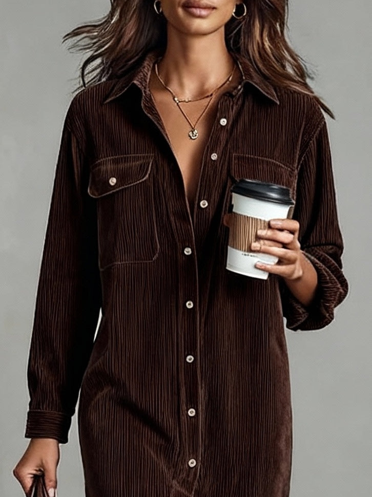 Women's Corduroy Long Sleeve Midi Fall Dress – Chest Pockets