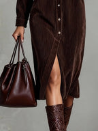 Women's Corduroy Long Sleeve Midi Fall Dress – Chest Pockets