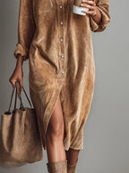 Women's Corduroy Long Sleeve Midi Fall Dress – Chest Pockets