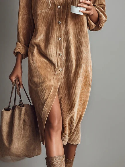 Women's Corduroy Long Sleeve Midi Fall Dress – Chest Pockets