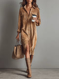 Women's Corduroy Long Sleeve Midi Fall Dress – Chest Pockets