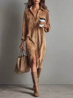 Women's Corduroy Long Sleeve Midi Fall Dress – Chest Pockets